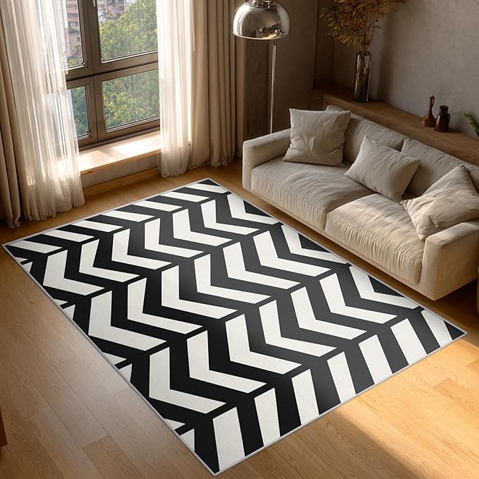 6x9 Black and White Chevron Rugs for Bedroom Decor, Washable Chevron Geometric Pattern Area Rug, Living Room Home Decoration, Non Slip Soft Thin, Modern Zigzag Decor Carpet PF-P 49