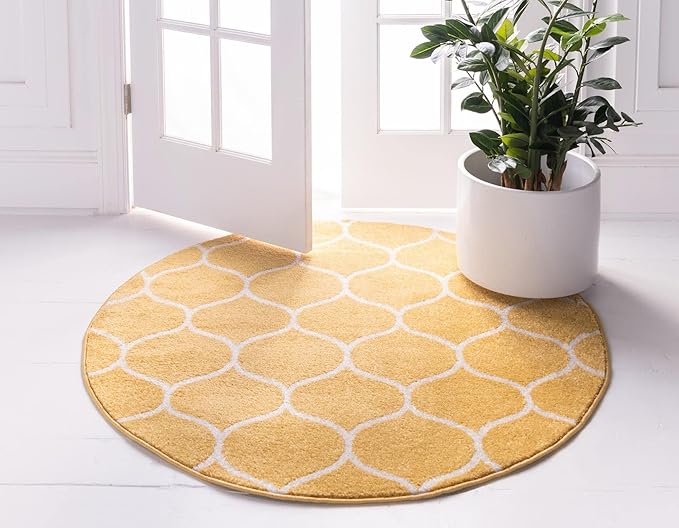 Rugs.com Lattice Frieze Collection Rug – 6' Round Yellow Medium Rug Perfect for Kitchens, Dining Rooms