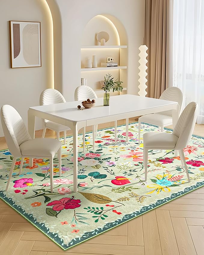 Boho Washable Area Rug 5x7 – Floral Low Pile Non-Slip Carpet for Living Room, Bedroom, Office, Playroom, Entryway, Kitchen, Dining Room (Green)