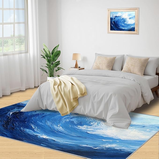 Japanese Ocean Rugs for Bedroom - 6x9 Area Rug - Ukiyo-E Ocean Waves Rugs for Living Room, Abstract Oil Painting Ocean Rug, Washable Home Decor Carpet