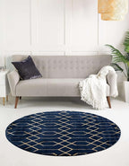 Unique Loom Glam Collection Area Rug - Trellis (3' 3' Round, Navy Blue Gold/ Gold)