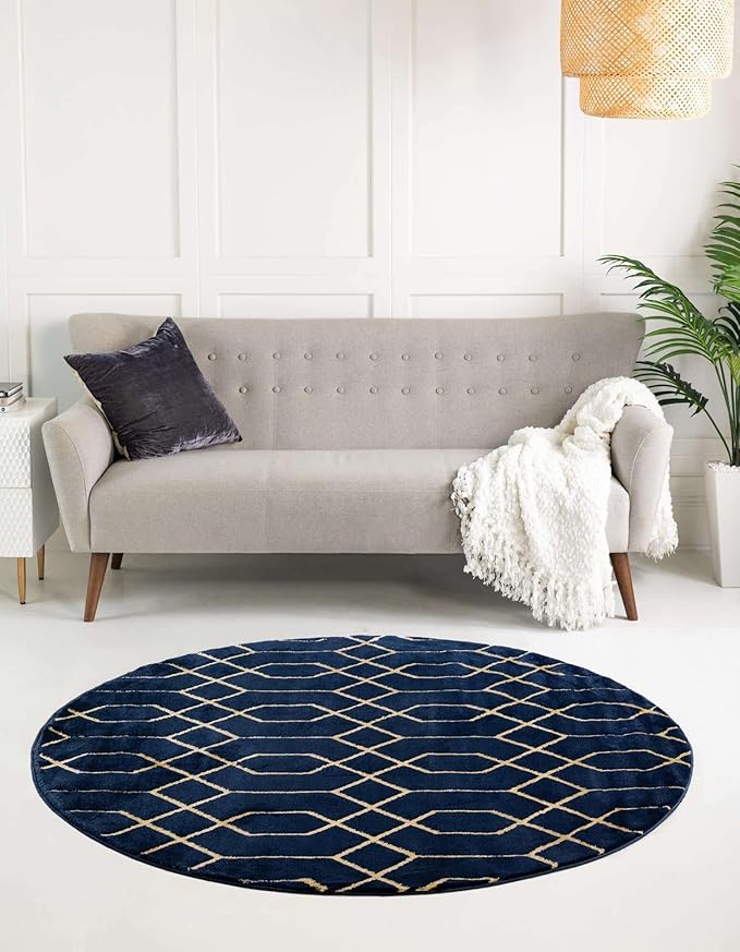 Unique Loom Glam Collection Area Rug - Trellis (7' 10" Round, Navy Blue Gold/ Gold)