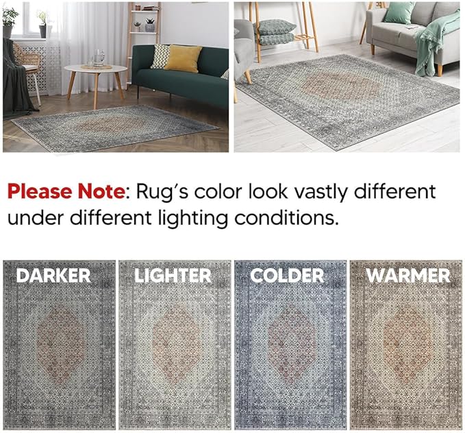 Keen Home Design 6x9 Rug - Machine Washable Area Rug with Non-Slip Backing, Ideal for Living Room, Dining Room, Bedroom - Vintage, Easy Clean, Durable, Low Pile - (6' x 9')