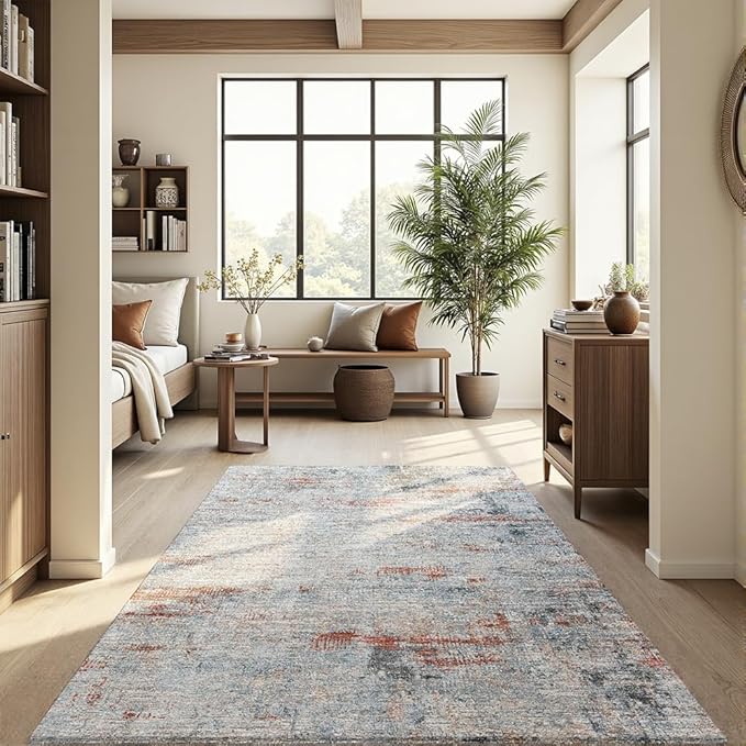 Area Rug 8x10 Washable Rug Grey and Brown for Living Room, Dining Room, Bedroom, Large Carpets, Non Slip & Non-Shedding Low Pile Vintage Print Rug for Home Office Decor