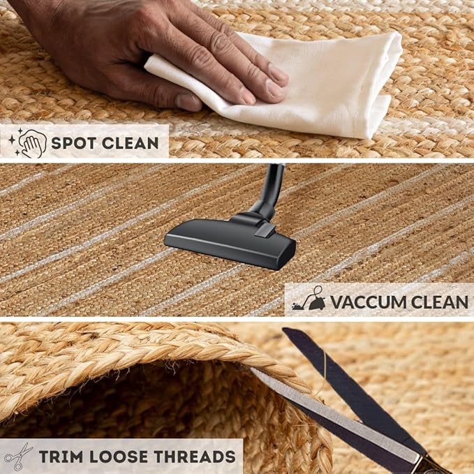 HOMEMONDE Natural Braided Jute Area Rug 4x6 ft - Off White Stripe Eco Friendly Premium Fiber - Hand Woven Rustic Vintage Reversible Carpet Rugs for Bedroom, Kitchen, Living Room and Dining Room