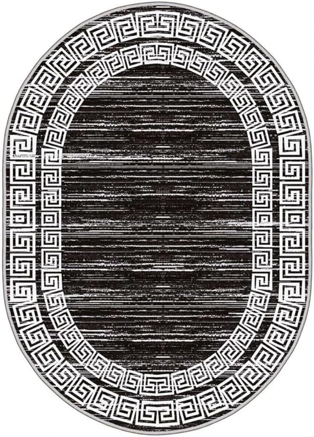 Minimalist Distressed Black Off White Greek Key Pattern Bordered Rug 9x12 for Liivng Room Bedroom Dining Room Soft Non Skid Washable Large Rugs Nursery Dorm Kitchen Rustic Classic Indoor Oval Carpet