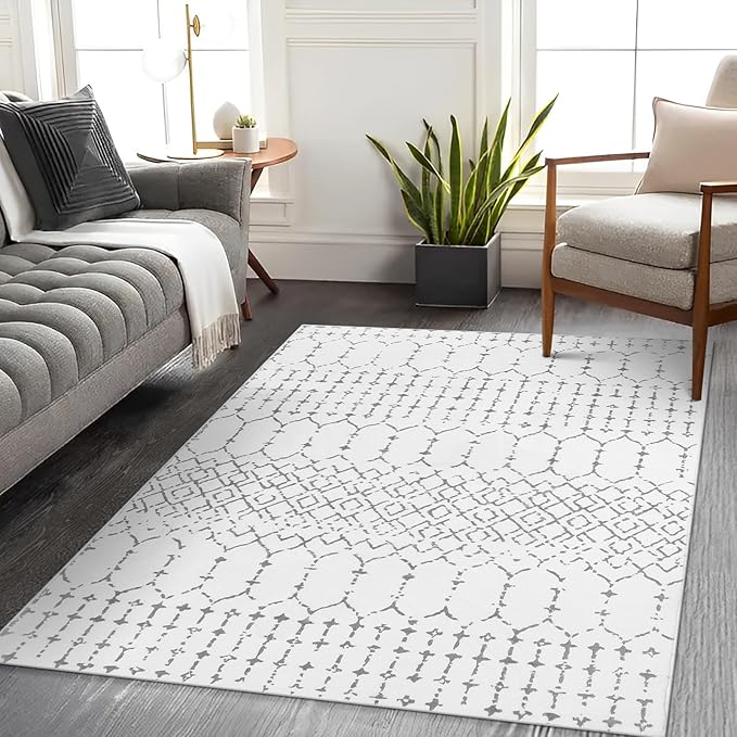 Lahome Moroccan Washable Living Room Rug - 3x5 Area Rugs for Bedroom Throw Non-Slip Low-Pile Entryway Rug Bathroom Rugs Soft White Distressed Indoor Capet for Office Kitchen Laundry Room Dining Room