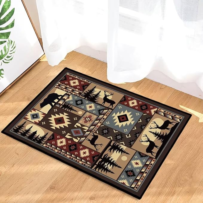 Rustic Cabin Wildlife Entrance 2x3 Rug,Buffalo Plaid Bear Moose Deer Country,Door Mat Indoor Throw Rugs Small Entryway Rug Doormat Washable Non Slip Vintage Floor Carpets Mat for Front Door,Bedroom
