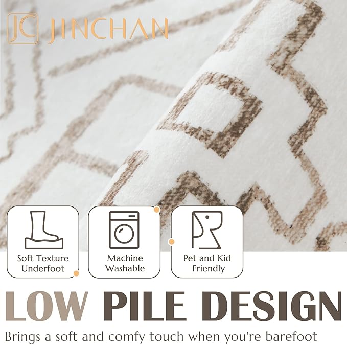 jinchan Moroccan 4x6 Area Rugs for Bedroom - Machine Washable Soft Modern Geometric Stain Resistant Non-Slip Ultra-Thin Low-Pile Faux Wool Carpet for Living Room Kitchen Dining Room (4x6ft, Taupe)