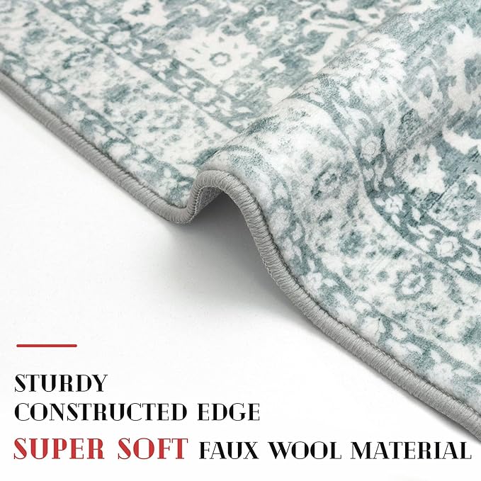 Vintage Floral 2x6 Runner Rug, Sage Green White Washable Kitchen Runner Rug Non-Slip Hallway Rug Runner Thin Printed Faux Wool Super Soft Carpet for Entryway Bedroom Laundry Room Indoor