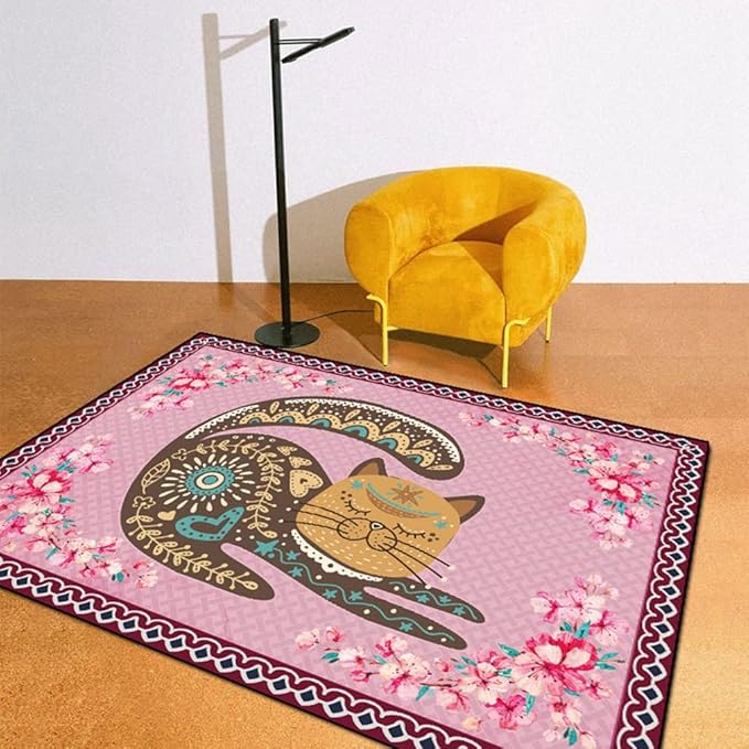 Cartoon Animal Pattern Area Rug Cute Cat Luxury Floral Decor for Carpet Farmhouse Bedroom Living Room Rugs Bathroom Kitchen Runner Mat Indoor Outdoor Non Slip Doormat 3' X 5'