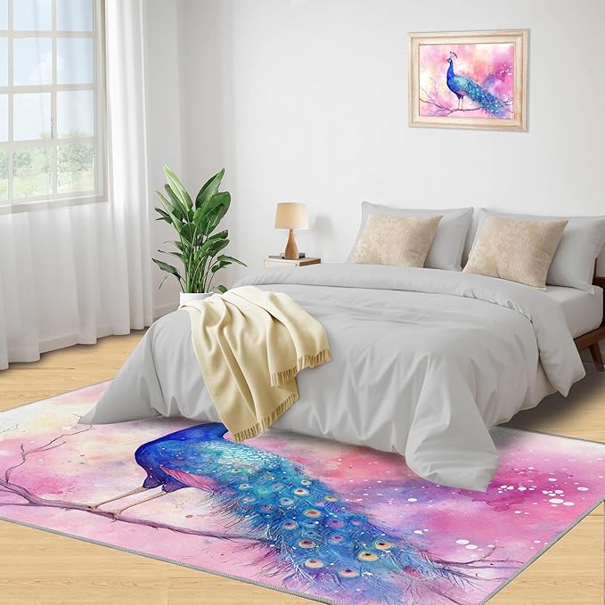 Peacock Rugs for Living Room - 4x6 Rug, Fantasy Peacock Area Rugs for Bedroom, Peafowl Rug, Girls Room Washable Carpet, Aesthetics Carpet - Peafowl Home Decor & Gifts