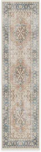 RUGGABLE Washable Vintage Runner Rug – Kamran Coral 2.5x10, Stain-Resistant, Non-Slip Hallway Runner – Machine Washable Rug for Hallway, Entryway, Living Room & Kitchen – with Standard Pad