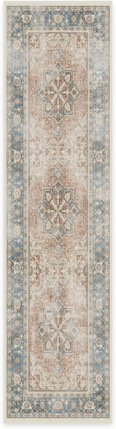 RUGGABLE Washable Vintage Runner Rug – Kamran Coral 2.5x10, Stain-Resistant, Non-Slip Hallway Runner – Machine Washable Rug for Hallway, Entryway, Living Room & Kitchen – with Standard Pad