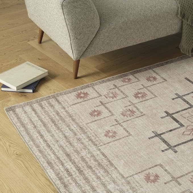 Revival Rugs Funk 5'x8' Zero-Shedding Area Rug for Living Room Bedroom - Oeko-TEX Certified, Low Pile, Spot Clean, Beige, Cream