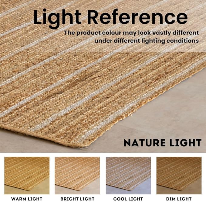 HOMEMONDE Natural Braided Jute Area Rug - 8'x10' Off White Stripe Eco Friendly Premium Fiber - Durable and Reversible Boho Farmhouse Decor Rugs for Living Room, Bedroom, Dinning Room, Kitchen, Office
