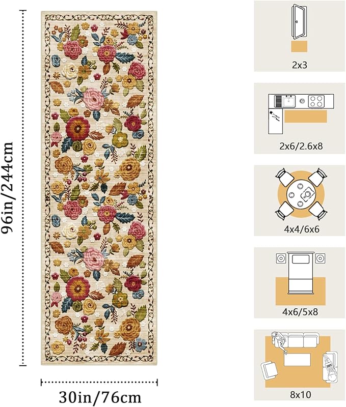 2'6''x8' Machine Washable Runner Rug, Kitchen Hallway Area Rug Beige Vintage Boho Floral Ultra Non-Slip Low Pile Soft Faux Wool Carpet, Kids and Pets Friendly for Bedroom Entryway Nursery Decor Rug