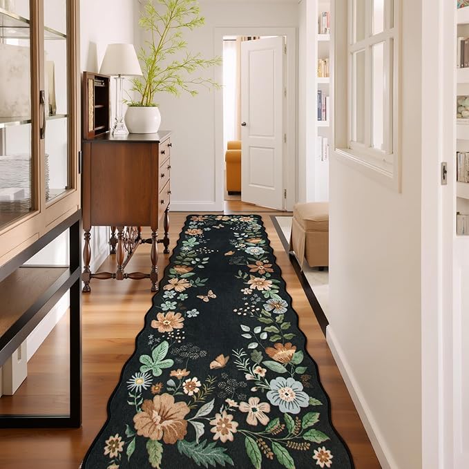 Lahome Floral Hallway Runner Rug Non Slip, 2'6''x10' Washable Runner Ultra-Thin Soft Kitchen Runners for Hallways, Stain Resistan Carpet for Entryway Bathroom(Black/Grey)