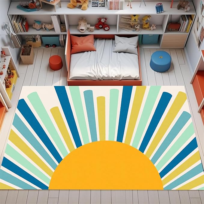 Rainbow Sun Area Rug,5x7ft,Boho Geometric Print Rug, Modern Mid-Century Colorful Rug for Kids Girls Boys Bedroom, Living Room, Classroom, Office Non-Slip Washable
