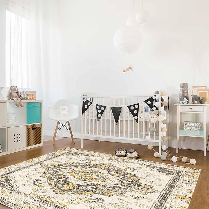 Bohemian Pattern Rectangular Area Rugs for Living Room Bedroom 4 x 6 ft Brown & Yellow Abstract Non-Shedding Soft Low Pile Rug Non Slip Washable Rug for Nursery Entryway Playroom