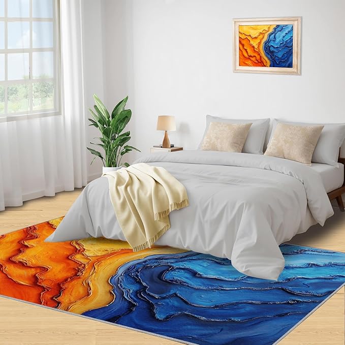 Navy Blue Rugs for Bedroom - 5x7 Area Rug - Abstract Blue Orange Rugs for Living Room, Modern Simple Art Rug, Washable Home Decor Carpet