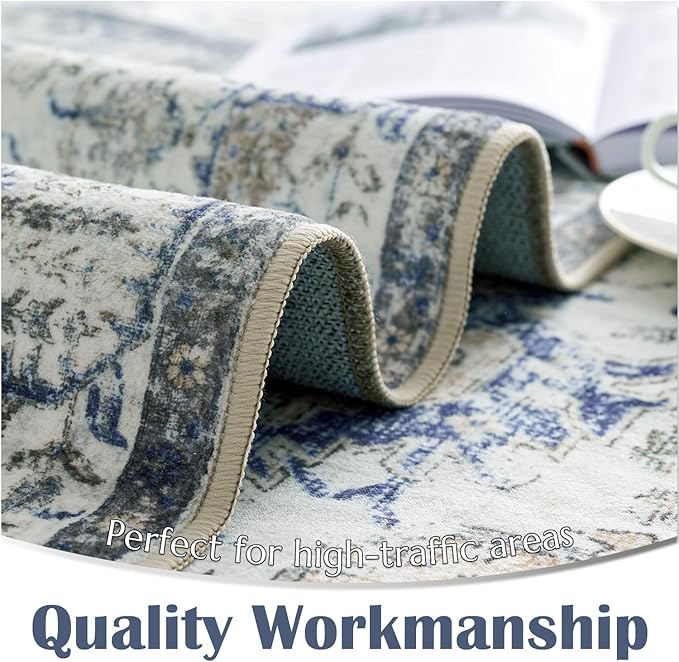 jinchan Kalen Area Rug 6x9 Washable Living Room Rug Soft Vintage Indoor Thin Retro Distressed Floor Cover Blue Floral Country Boho Rug Non Slip Carpet for Bedroom Office Dining Room