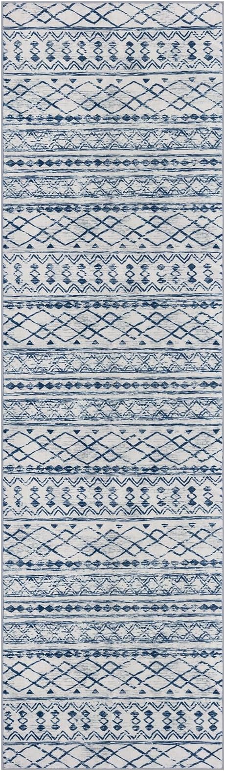 KUTA Moroccan Washable Hallway Runner Rug, 2x8 Non-Slip Vintage Blue White Boho Kitchen Rugs Ultra Soft Print Distressed Geometric Floor Carpet Runners for Bedroom Laundry Living Room