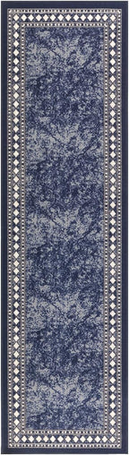 Antep Rugs Alfombras Modern Bordered 2x10 Non-Skid (Non-Slip) Low Profile Pile Rubber Backing Indoor Area Runner Rugs (Navy Blue, 2' x 10')