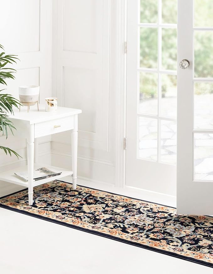 Rugs.com Yasmin Collection Rug – 10 Ft Runner Navy Blue Medium Rug Perfect for Hallways, Entryways