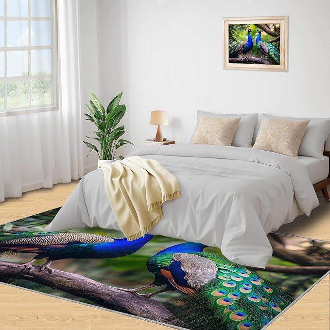 Peacock Rugs for Bedroom - 6x8 Rug, Peacock Couples Area Rugs for Living Room, Nature Carpet, Peafowl Washable Area Mat, Malachite Green Feather Carpet - Peafowl Home Decor & Gifts