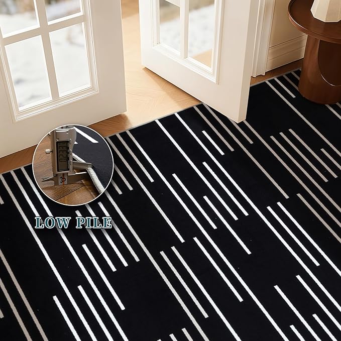 YIHOUSE Abstract Washable Rug 6x9,Ultra Thin Non Slip Black Rugs for Living Room,Modern Minimalist White Stripe Rugs for Bedroom,Dining Room Office Playroom (6'x9',Black-3)