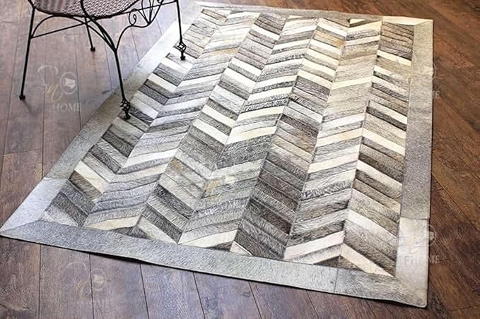 Chevron Pattern Faux Cowhide Area Rug | Non-Slip Leather Carpet for Living Room, Bedroom, and Office | Modern Designer Rug for Home Décor(3x8 ft_Grey)