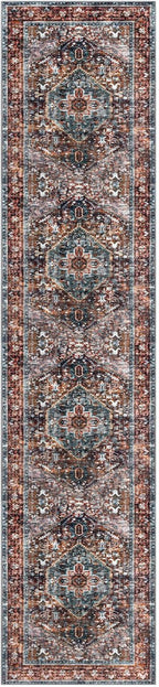 KOZYFLY Runners for Hallways 2x10 Ft Washable Kitchen Runner Rug Boho Runner Rug for Entryway Indoor Printed Faux Wool Carpet Runner for Bedroom Kitchen Hall, Brick Red/Orange/Green