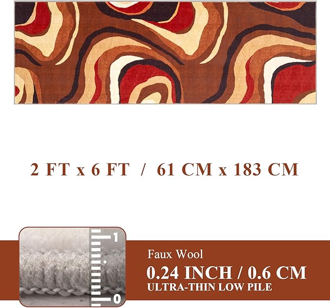 YIHOUSE Burnt Orange Runner Rug 2x6 for Hallway,Farmhouse Brown Retro Carpets Washable,Geometric Abstract Wavy Rug,Unique Colorful Rugs for Dining Room,Kitchen,Bedside Rugs