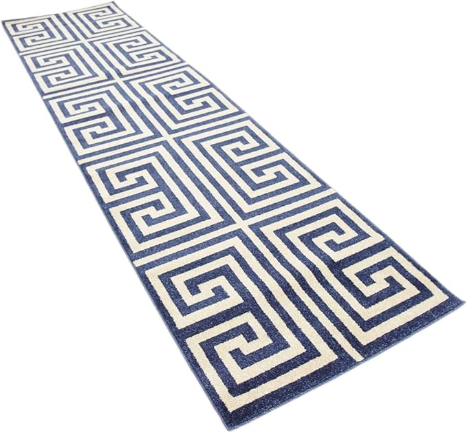 Unique Loom Athens Collection Classic Geometric Modern Border Design Area Rug (2' 7 x 10' 0 Runner, Navy Blue/ Beige)