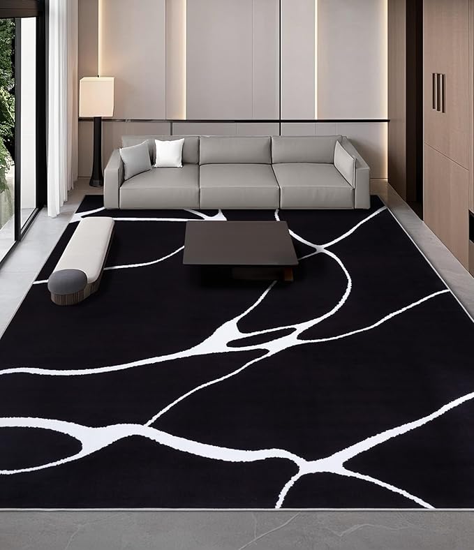 YIHOUSE Modern Washable Area Rug for Living Room Bedroom - Large Abstract Black and White Rug Non-Slip Ultra-Thin Home Decor (Dark Warping, 6'x9'ft)