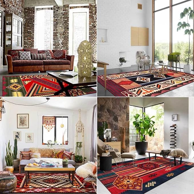 Vintage Boho Area Rugs Multicolor Ethnic Style Geometric Splicing Carpets Bedroom Living Room Kitchen Floor Mats Indoor Outdoor Non-Shedding Runner Rug Home Décor Carpet 2.6' X 5.2'