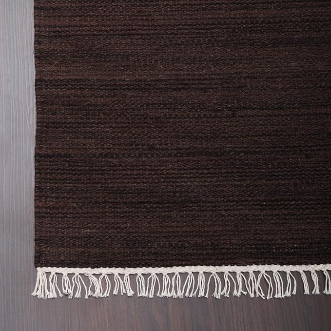 Rugsotic Carpets Hand Woven Flat Weave Kilim Wool ECO-Friendly Area Rugs - 8'x8', Square Shape, Dark Brown Color, Solid Plain Design, Low Pile Handmade Rugs for Living Room, Bed Room (D00111)