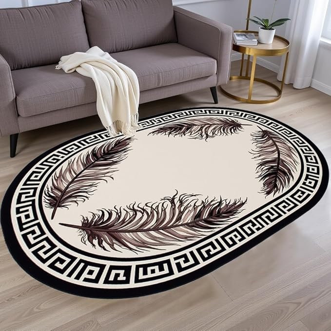 Light Beige Tan Black Greek Key Pattern Bordered Large Rugs for Living Room Bedroom Dining Room Machine Washable Non Skid Soft Area Rug 5x7 Nursery Dorm Guestroom Minimalist Oval Floor Mats Carpet
