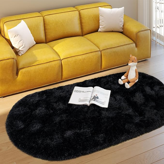 Soft Fluffy Area Rug for Bedroom, Black Fuzzy Shaggy Oval Throw Rugs for Bedside, Non-Slip Cozy Plush Shag Carpet for Kids Room Nursery Dorm Living Room, 2.6 x 5.3 Feet