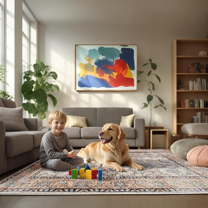 Area Rug for Living Room, 9x12 Machine Washable Non Slip Large Faux Wool Throw Rug, 0.3″ Low Pile & Non-Shedding Boho Large Carpet Rugs for for Dining Room, Bedroom, Office (Khaki)