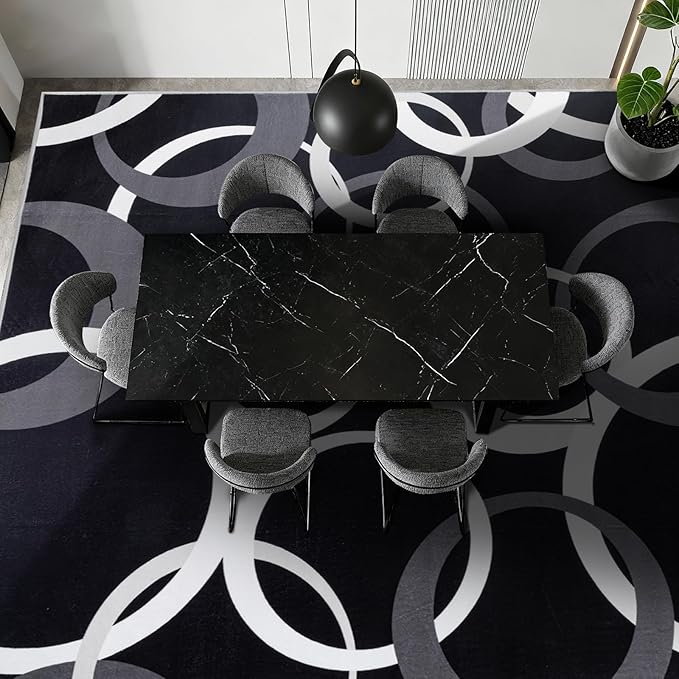 YIHOUSE 9x12 Ft Area Rugs, Concentric Circle Carpet Washable Rug, Black and White Geometric Design Rug for Extra Large Living Rooms, Great Rooms, Commercial Spaces Office Decor, Nonslip Non-Shedding