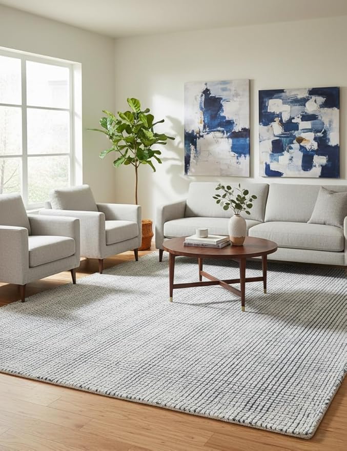 Hand-Tufted 100% Wool Pile Area Rug – Geometric Textured Grid Check Pattern – Thick and Durable Floor Carpet for Bedroom, Living Room, Kids Room, and Dining Area (Indigo Blue, 2' x 3')