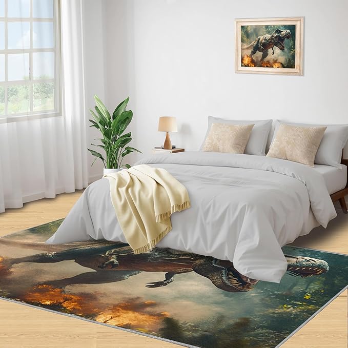 Dinosaurs Rugs for Bedroom - 5x8 Area Rug - Flame Dinosaurs Rugs for Living Room, Forest Landscape Rug, Washable Home Decor Carpet