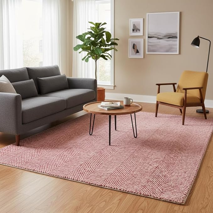 Modern Herringbone Chevron Collection Handcrafted Wool Area Rug - Durable, Zigzag Pattern, for High Traffic, Contemporary Design for Living Room, Bedroom, Dining Room Decor (Blush Pink, 2.6' x 12')