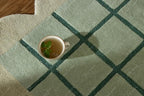 Mint Green Scalloped Edge Wool Area Rug with Checker Grid Design, Hand-Tufted Soft Carpet for Living Room, Bedroom, Nursery, Kids & Playroom Décor - 9x12 Ft