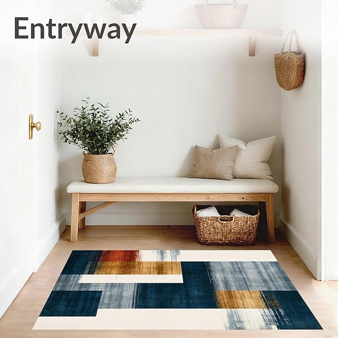 Flatwoven High Traffic Area Rug 5x7, Eclectic Funky Ink Wash Design Abstract Area in Multi Tone, Non Slip, Stain Resistant, Washable Area Rugs for Living Room, Bedroom (Blue, 5x7)
