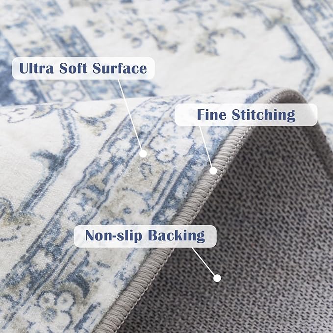 jinchan Fiora Round Rug 4ft Area Rug - Indoor Vintage Hallway Circle 4' Washable - Ultra-Thin Low Pile Soft Small Non Slip Distressed Floral Print for Living Room Bedroom Entryway Dark Blue