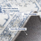 jinchan Fiora Round Rug 5ft Area Rug - Indoor Vintage Hallway Circle 5' Washable - Ultra-Thin Low Pile Soft Small Non Slip Distressed Floral Print for Living Room Bedroom Entryway Dark Blue
