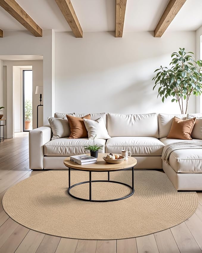 DEXI Round Jute Rug Natural Fiber 5x5, Braided Woven Area Rugs No Shed, Soft Neutral Rustic Carpet Mat for Indoor Outdoor Patio Dining Living Room Bedroom Farmhouse, 5ft, Beige